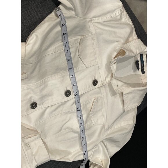 French Cuff White Belted Stretch Denim Buttoned Jacket Sz L - Picture 7 of 10